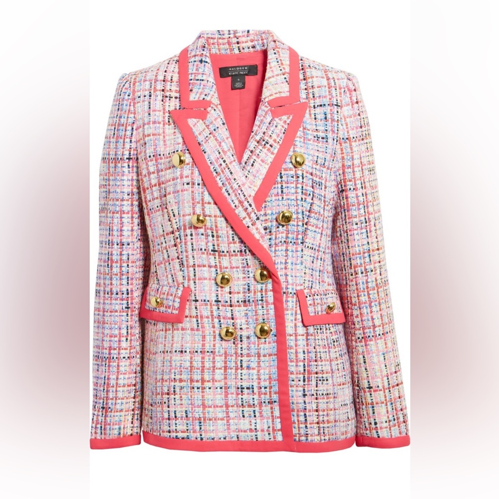 Halogen x Atlantic-Pacific hot pink tweed blazer